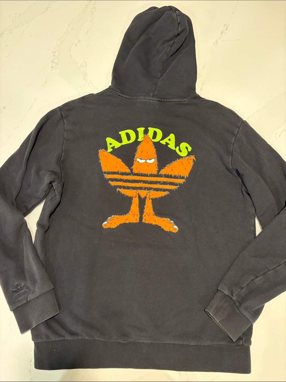 Adidas Black Hoodie Green Trefoil SZ Medium